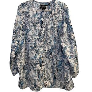 Tahari 100% Linen Blue White Bird Floral Button Front Tunic Blouse Plus Size 3X